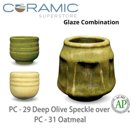Deep Olive Speckle PC-29 over Oatmeal PC-31 Pottery Cone 5 Glaze Combination
